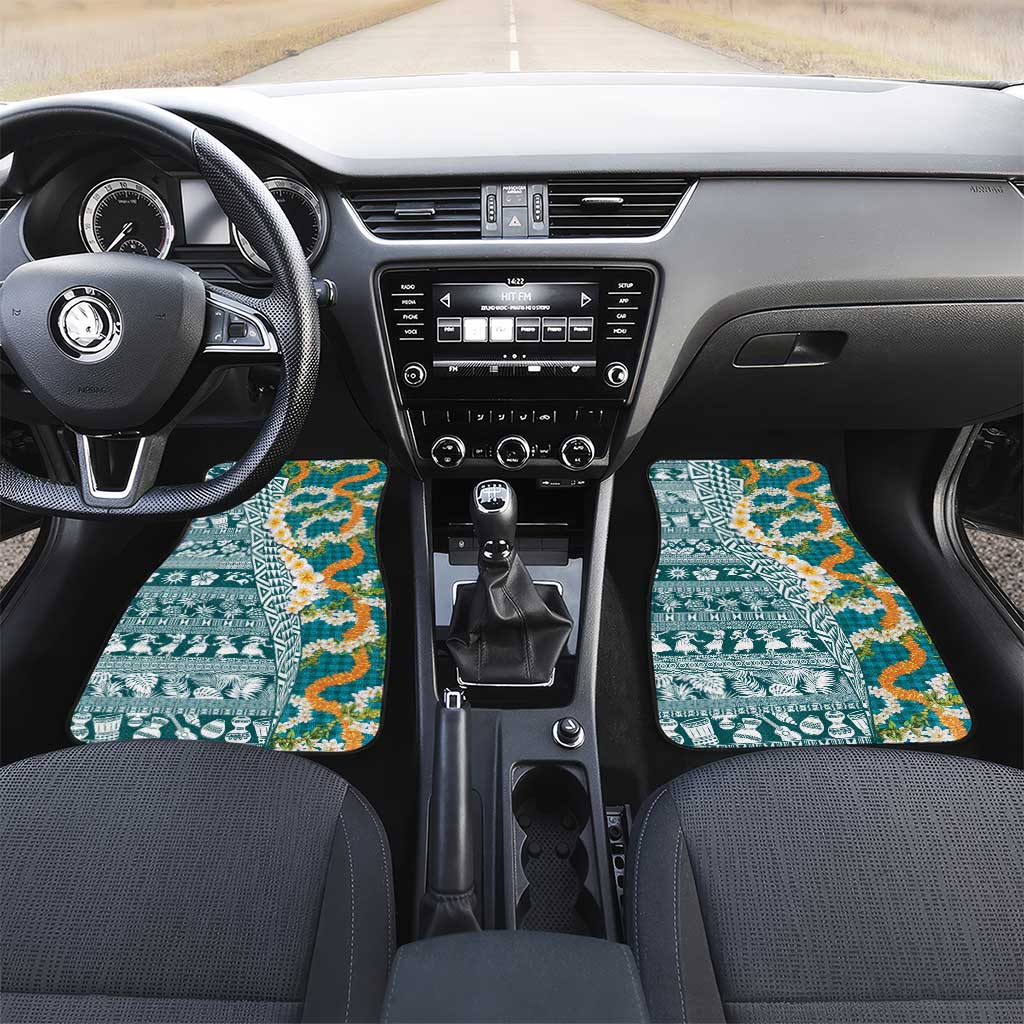 Hawaiian Plumeria Lei Car Mats Kakau Motifs and Palaka Half Style Turquoise Color LT03 Set 2pcs - Front Turquoise - Polynesian Pride