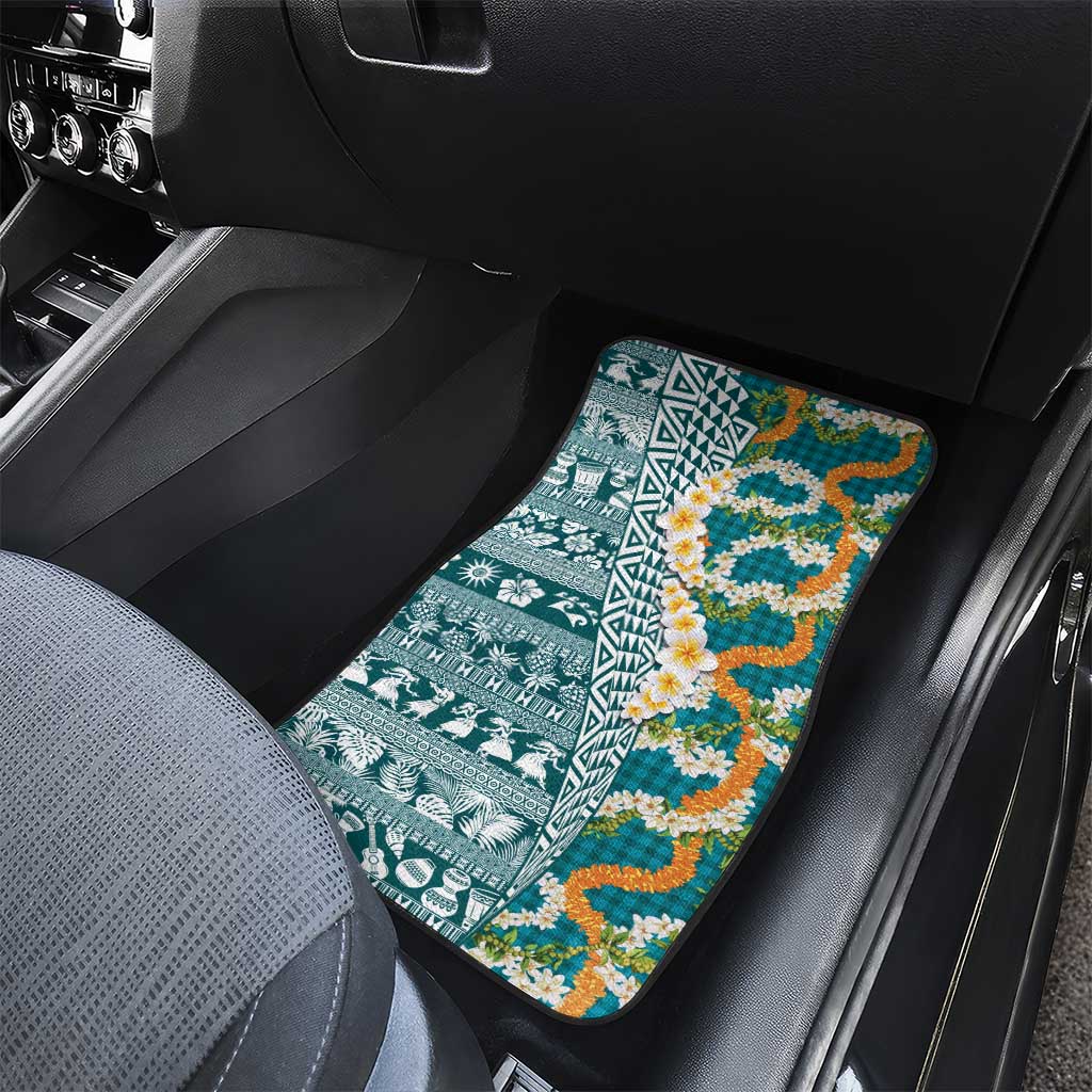 Hawaiian Plumeria Lei Car Mats Kakau Motifs and Palaka Half Style Turquoise Color LT03 - Polynesian Pride