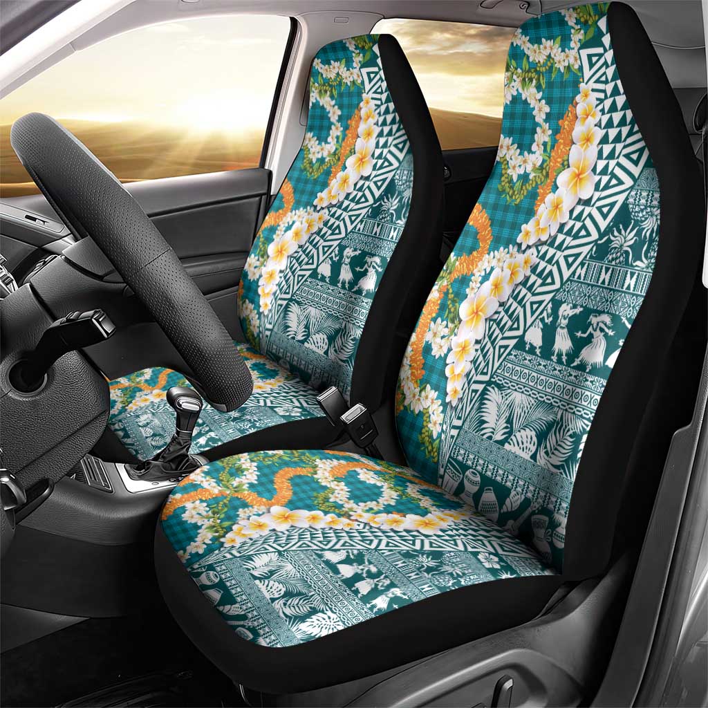 Hawaiian Plumeria Lei Car Seat Cover Kakau Motifs and Palaka Half Style Turquoise Color LT03 - Polynesian Pride
