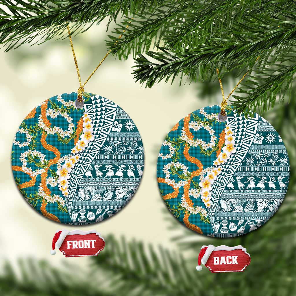 Hawaiian Plumeria Lei Ceramic Ornament Kakau Motifs and Palaka Half Style Turquoise Color - Polynesian Pride