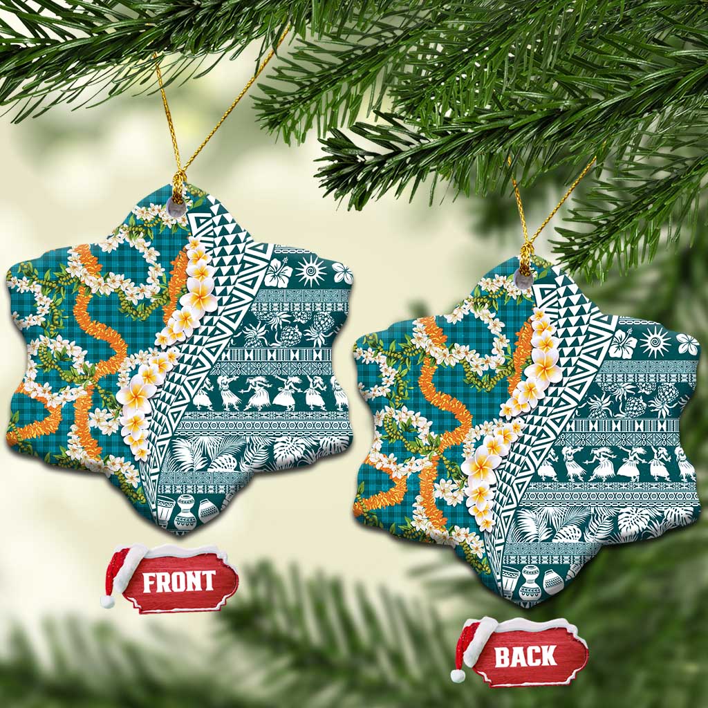 Hawaiian Plumeria Lei Ceramic Ornament Kakau Motifs and Palaka Half Style Turquoise Color - Polynesian Pride