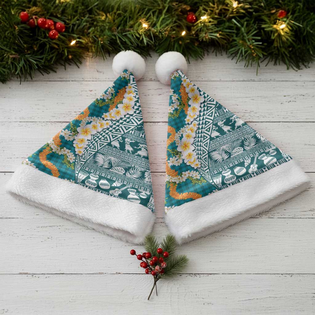 Hawaiian Plumeria Lei Christmas Santa Hat Kakau Motifs and Palaka Half Style Turquoise Color LT03 - Polynesian Pride