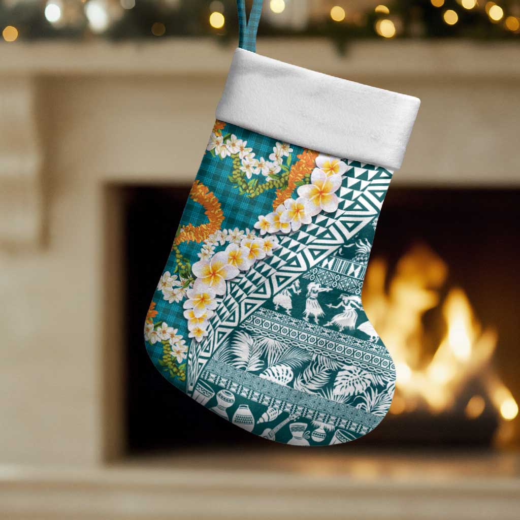 Hawaiian Plumeria Lei Christmas Stocking Kakau Motifs and Palaka Half Style Turquoise Color - Polynesian Pride