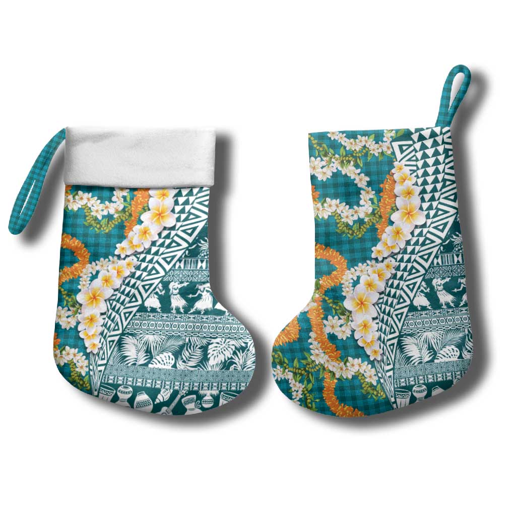 Hawaiian Plumeria Lei Christmas Stocking Kakau Motifs and Palaka Half Style Turquoise Color LT03 - Polynesian Pride