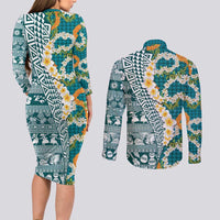 Hawaiian Plumeria Lei Couples Matching Long Sleeve Bodycon Dress and Long Sleeve Button Shirt Kakau Motifs and Palaka Half Style Turquoise Color LT03 - Polynesian Pride