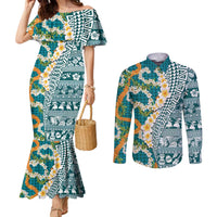 Hawaiian Plumeria Lei Couples Matching Mermaid Dress and Long Sleeve Button Shirt Kakau Motifs and Palaka Half Style Turquoise Color LT03 Turquoise - Polynesian Pride