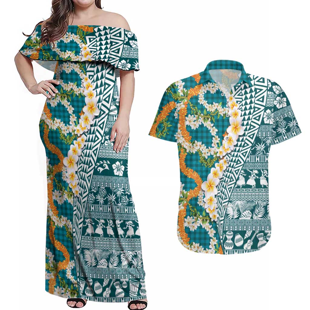 Hawaiian Plumeria Lei Couples Matching Off Shoulder Maxi Dress and Hawaiian Shirt Kakau Motifs and Palaka Half Style Turquoise Color - Polynesian Pride