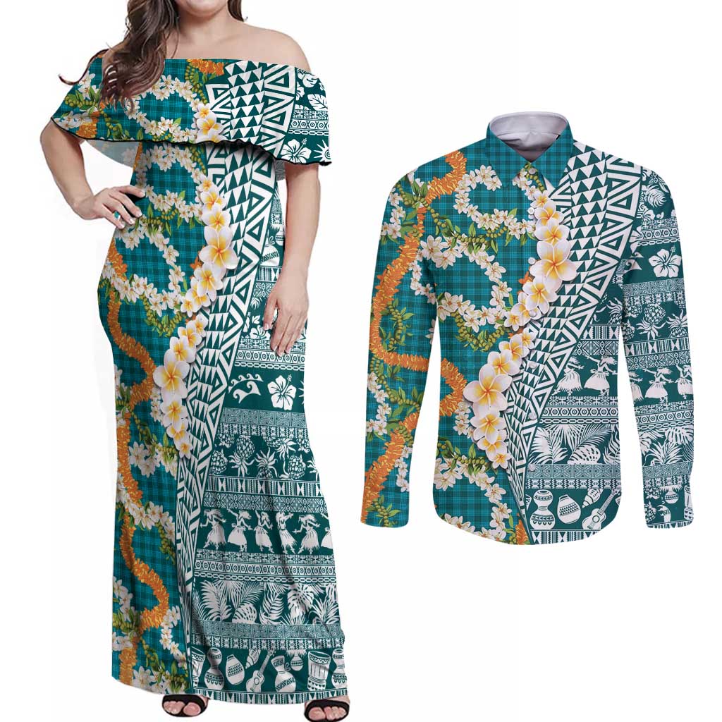 Hawaiian Plumeria Lei Couples Matching Off Shoulder Maxi Dress and Long Sleeve Button Shirt Kakau Motifs and Palaka Half Style Turquoise Color LT03 Turquoise - Polynesian Pride