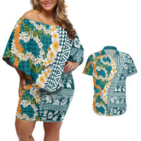 Hawaiian Plumeria Lei Couples Matching Off Shoulder Short Dress and Hawaiian Shirt Kakau Motifs and Palaka Half Style Turquoise Color LT03 Turquoise - Polynesian Pride