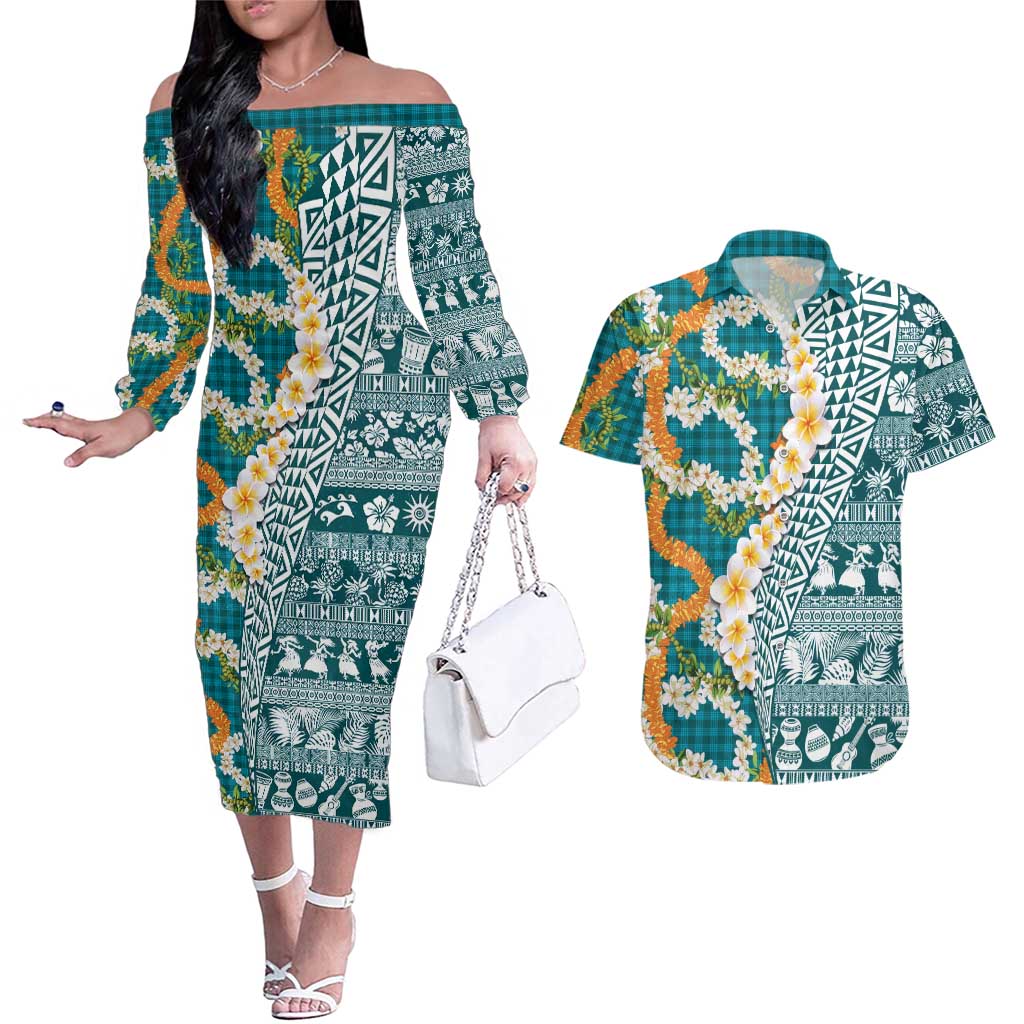 Hawaiian Plumeria Lei Couples Matching Off The Shoulder Long Sleeve Dress and Hawaiian Shirt Kakau Motifs and Palaka Half Style Turquoise Color LT03 Turquoise - Polynesian Pride
