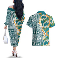 Hawaiian Plumeria Lei Couples Matching Off The Shoulder Long Sleeve Dress and Hawaiian Shirt Kakau Motifs and Palaka Half Style Turquoise Color LT03 - Polynesian Pride