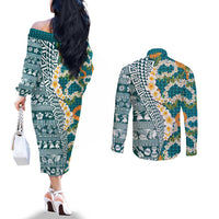 Hawaiian Plumeria Lei Couples Matching Off The Shoulder Long Sleeve Dress and Long Sleeve Button Shirt Kakau Motifs and Palaka Half Style Turquoise Color LT03 - Polynesian Pride