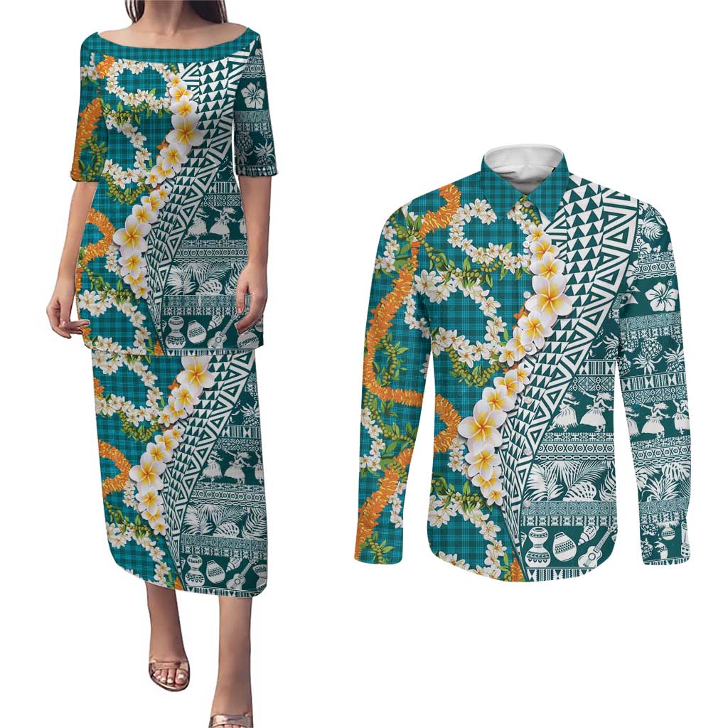 Hawaiian Plumeria Lei Couples Matching Puletasi and Long Sleeve Button Shirt Kakau Motifs and Palaka Half Style Turquoise Color LT03 Turquoise - Polynesian Pride