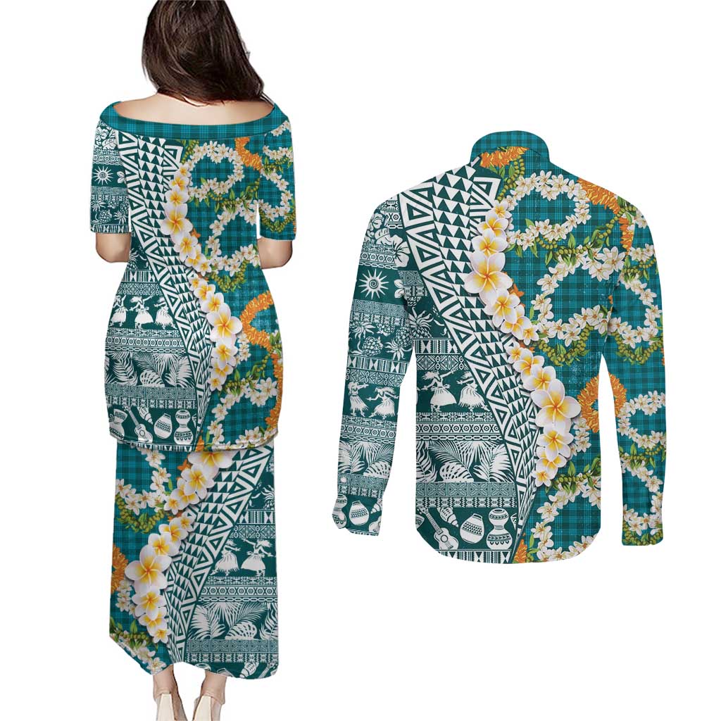 Hawaiian Plumeria Lei Couples Matching Puletasi and Long Sleeve Button Shirt Kakau Motifs and Palaka Half Style Turquoise Color LT03 - Polynesian Pride