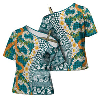 Hawaiian Plumeria Lei Cross Shoulder Shirt Kakau Motifs and Palaka Half Style Turquoise Color LT03 - Polynesian Pride