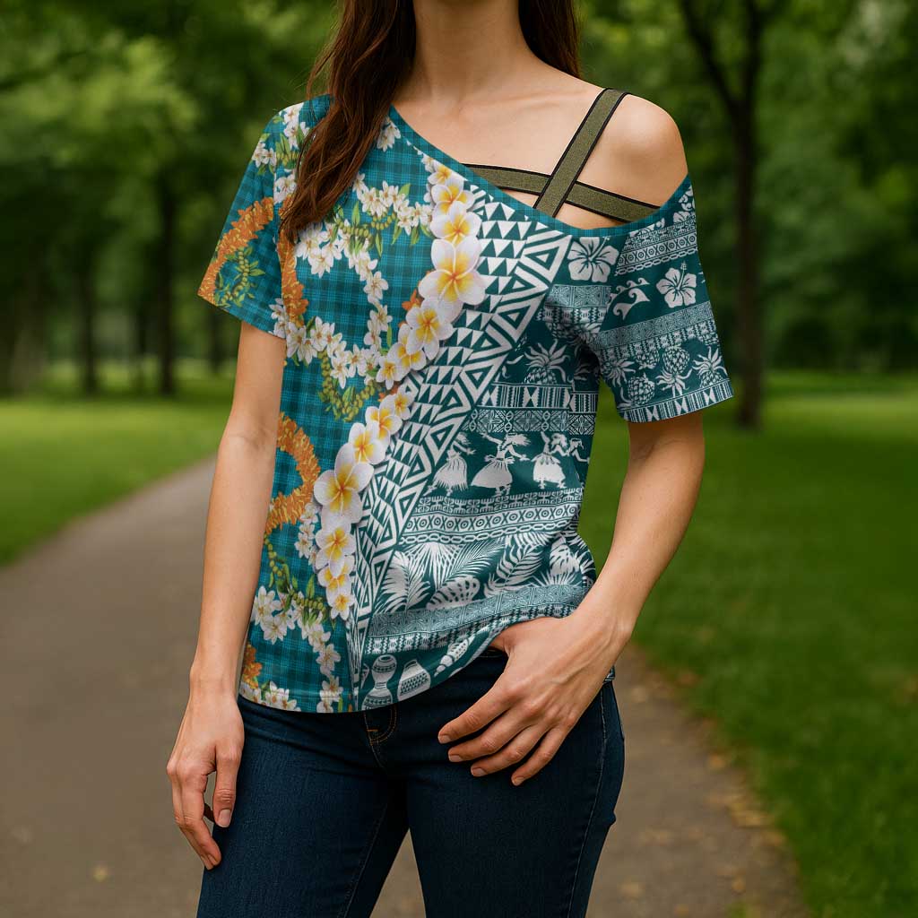 Hawaiian Plumeria Lei Cross Shoulder Shirt Kakau Motifs and Palaka Half Style Turquoise Color LT03 - Polynesian Pride