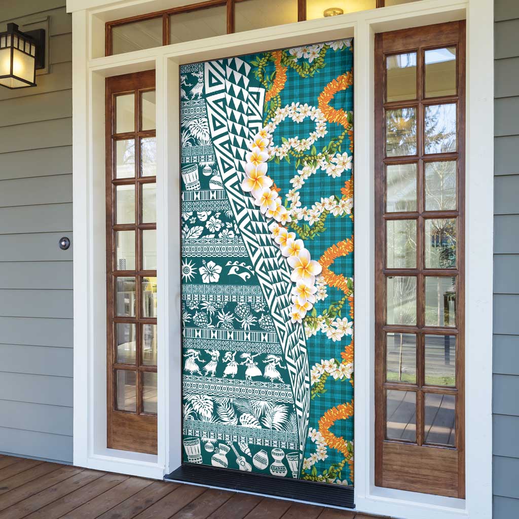 Hawaiian Plumeria Lei Door Cover Kakau Motifs and Palaka Half Style Turquoise Color LT03 - Polynesian Pride