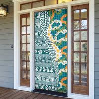Hawaiian Plumeria Lei Door Cover Kakau Motifs and Palaka Half Style Turquoise Color LT03 - Polynesian Pride
