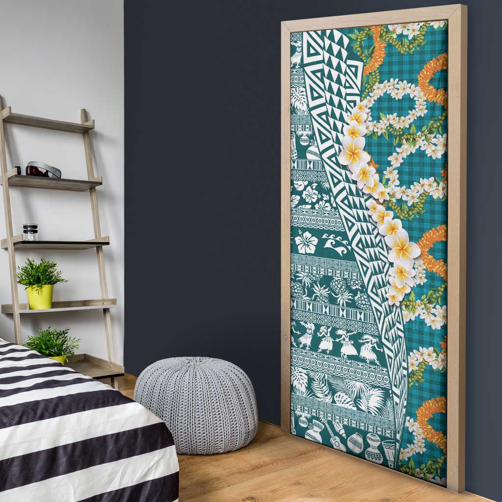 Hawaiian Plumeria Lei Door Cover Kakau Motifs and Palaka Half Style Turquoise Color LT03 - Polynesian Pride
