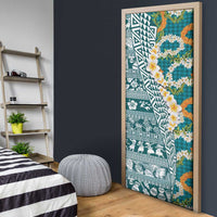 Hawaiian Plumeria Lei Door Cover Kakau Motifs and Palaka Half Style Turquoise Color LT03 - Polynesian Pride