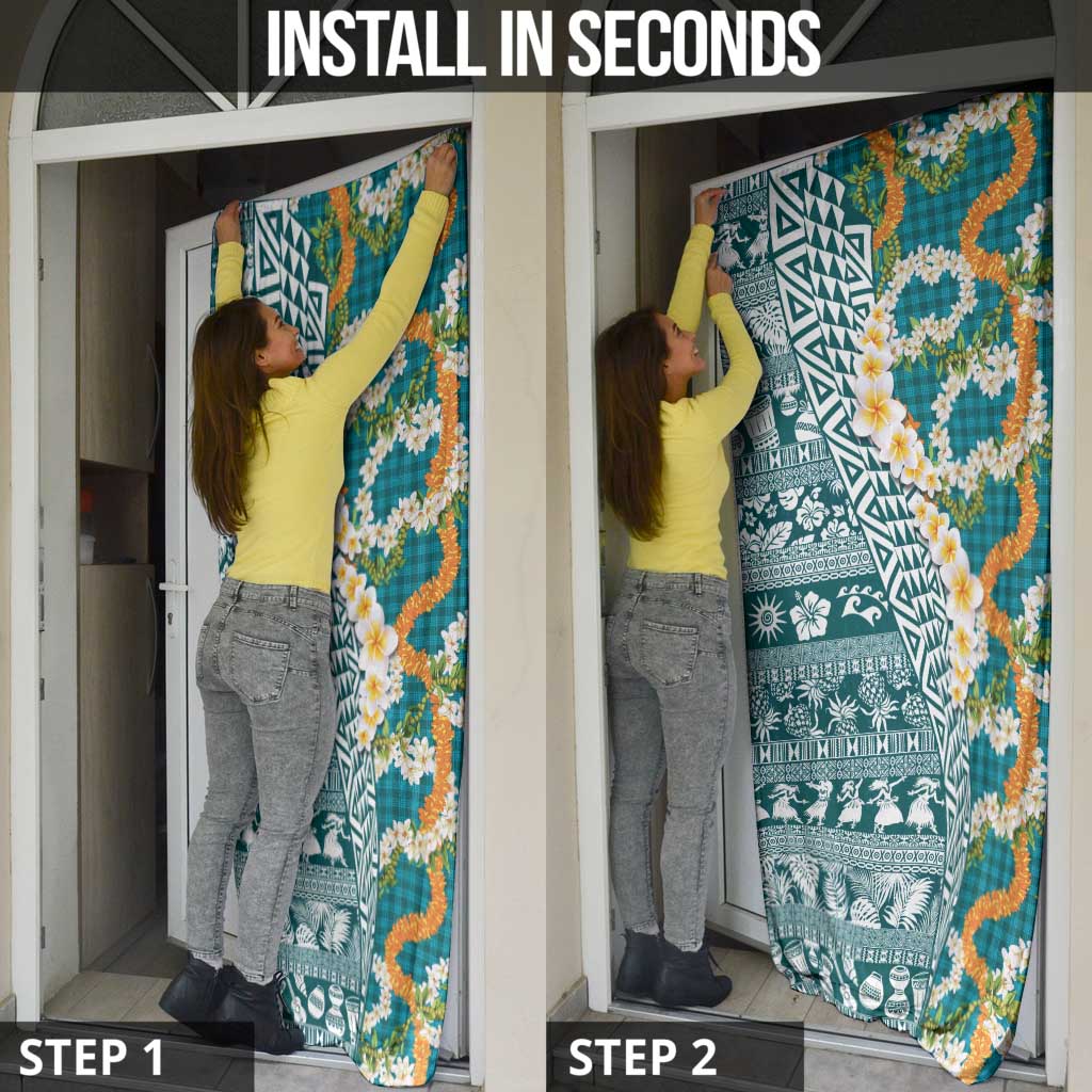Hawaiian Plumeria Lei Door Cover Kakau Motifs and Palaka Half Style Turquoise Color LT03 - Polynesian Pride