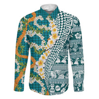 Hawaiian Plumeria Lei Family Matching Long Sleeve Bodycon Dress and Hawaiian Shirt Kakau Motifs and Palaka Half Style Turquoise Color LT03 Dad's Shirt - Long Sleeve Turquoise - Polynesian Pride