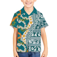 Hawaiian Plumeria Lei Family Matching Long Sleeve Bodycon Dress and Hawaiian Shirt Kakau Motifs and Palaka Half Style Turquoise Color LT03 Son's Shirt Turquoise - Polynesian Pride