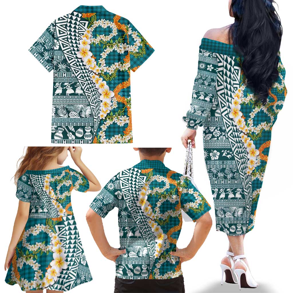 Hawaiian Plumeria Lei Family Matching Off The Shoulder Long Sleeve Dress and Hawaiian Shirt Kakau Motifs and Palaka Half Style Turquoise Color LT03 - Polynesian Pride
