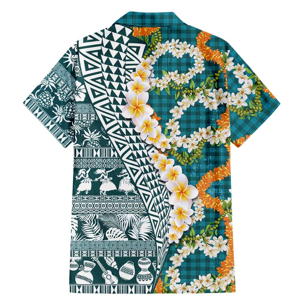 Hawaiian Plumeria Lei Family Matching Off The Shoulder Long Sleeve Dress and Hawaiian Shirt Kakau Motifs and Palaka Half Style Turquoise Color LT03 - Polynesian Pride