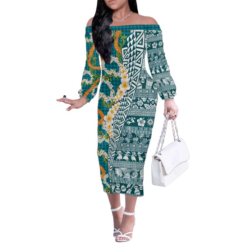 Hawaiian Plumeria Lei Family Matching Off The Shoulder Long Sleeve Dress and Hawaiian Shirt Kakau Motifs and Palaka Half Style Turquoise Color LT03 Mom's Dress Turquoise - Polynesian Pride