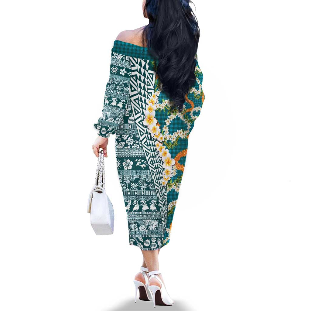Hawaiian Plumeria Lei Family Matching Off The Shoulder Long Sleeve Dress and Hawaiian Shirt Kakau Motifs and Palaka Half Style Turquoise Color LT03 - Polynesian Pride