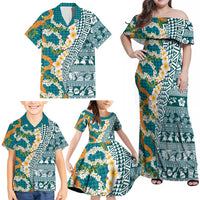 Hawaiian Plumeria Lei Family Matching Off Shoulder Maxi Dress and Hawaiian Shirt Kakau Motifs and Palaka Half Style Turquoise Color LT03 - Polynesian Pride