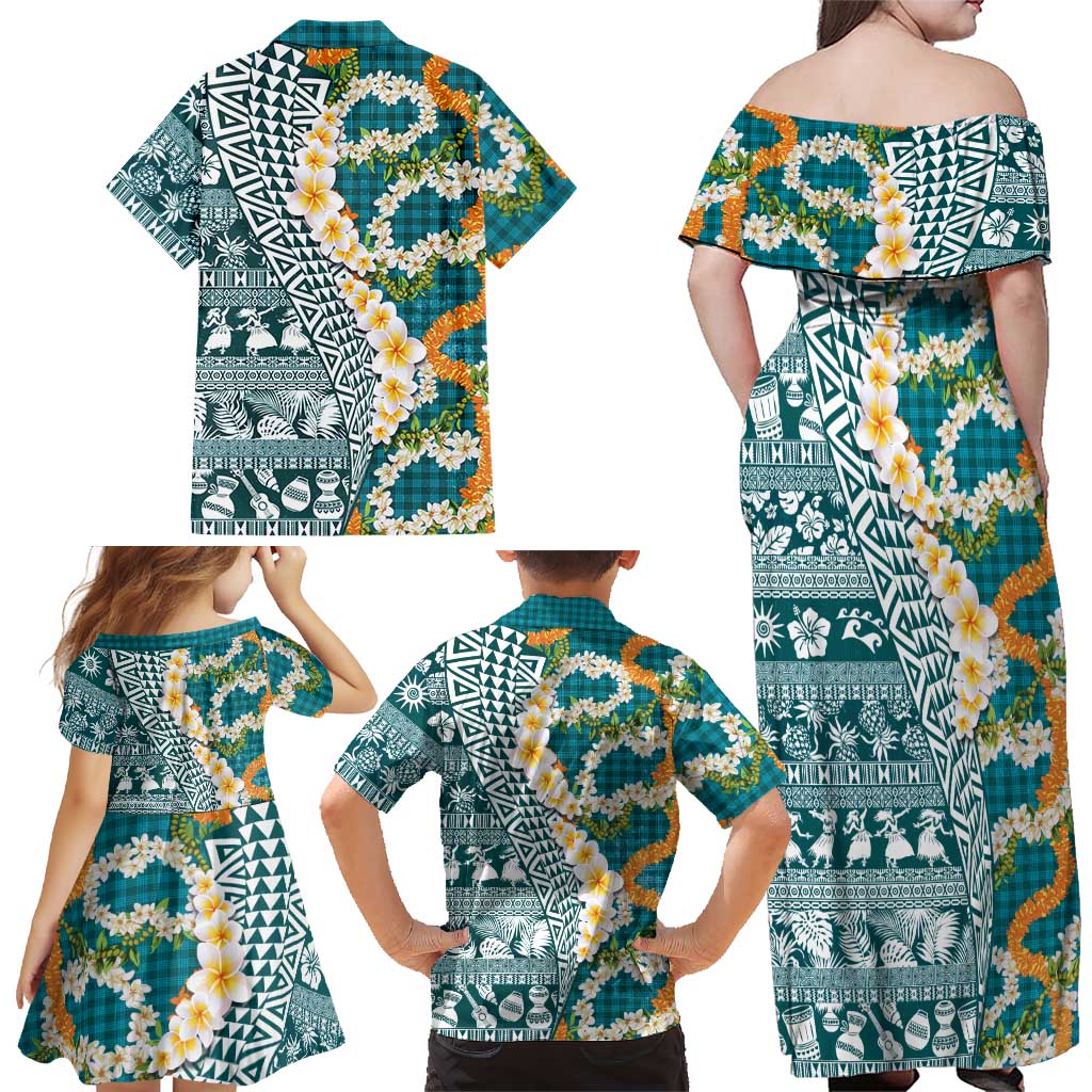 Hawaiian Plumeria Lei Family Matching Off Shoulder Maxi Dress and Hawaiian Shirt Kakau Motifs and Palaka Half Style Turquoise Color LT03 - Polynesian Pride