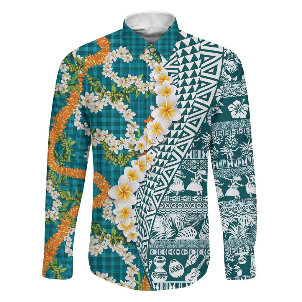 Hawaiian Plumeria Lei Family Matching Off Shoulder Maxi Dress and Hawaiian Shirt Kakau Motifs and Palaka Half Style Turquoise Color LT03 Dad's Shirt - Long Sleeve Turquoise - Polynesian Pride