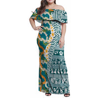Hawaiian Plumeria Lei Family Matching Off Shoulder Maxi Dress and Hawaiian Shirt Kakau Motifs and Palaka Half Style Turquoise Color LT03 Mom's Dress Turquoise - Polynesian Pride