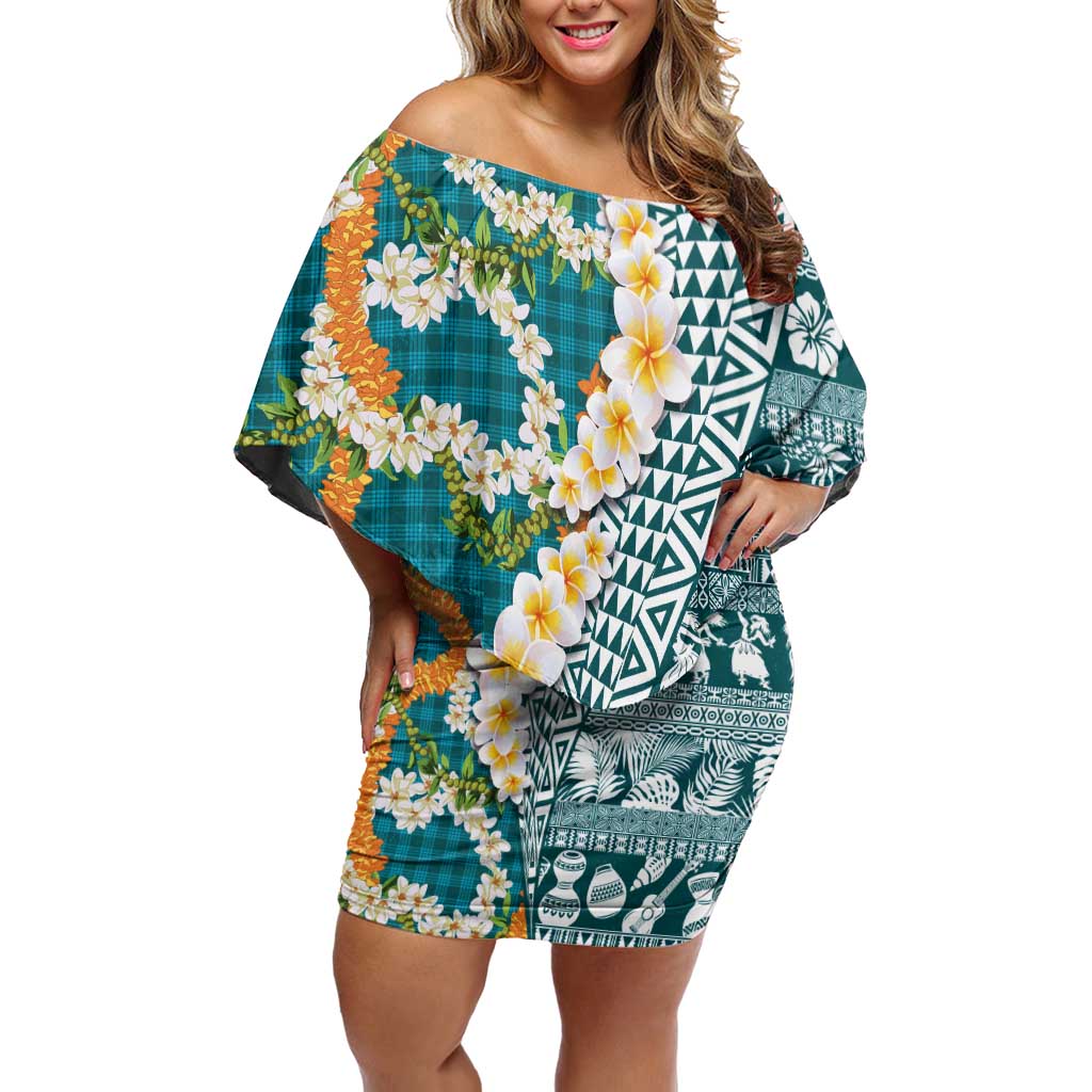 Hawaiian Plumeria Lei Family Matching Off Shoulder Short Dress and Hawaiian Shirt Kakau Motifs and Palaka Half Style Turquoise Color LT03 Mom's Dress Turquoise - Polynesian Pride