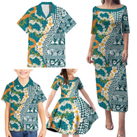 Hawaiian Plumeria Lei Family Matching Puletasi and Hawaiian Shirt Kakau Motifs and Palaka Half Style Turquoise Color LT03 - Polynesian Pride