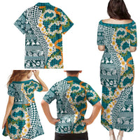 Hawaiian Plumeria Lei Family Matching Puletasi and Hawaiian Shirt Kakau Motifs and Palaka Half Style Turquoise Color LT03 - Polynesian Pride