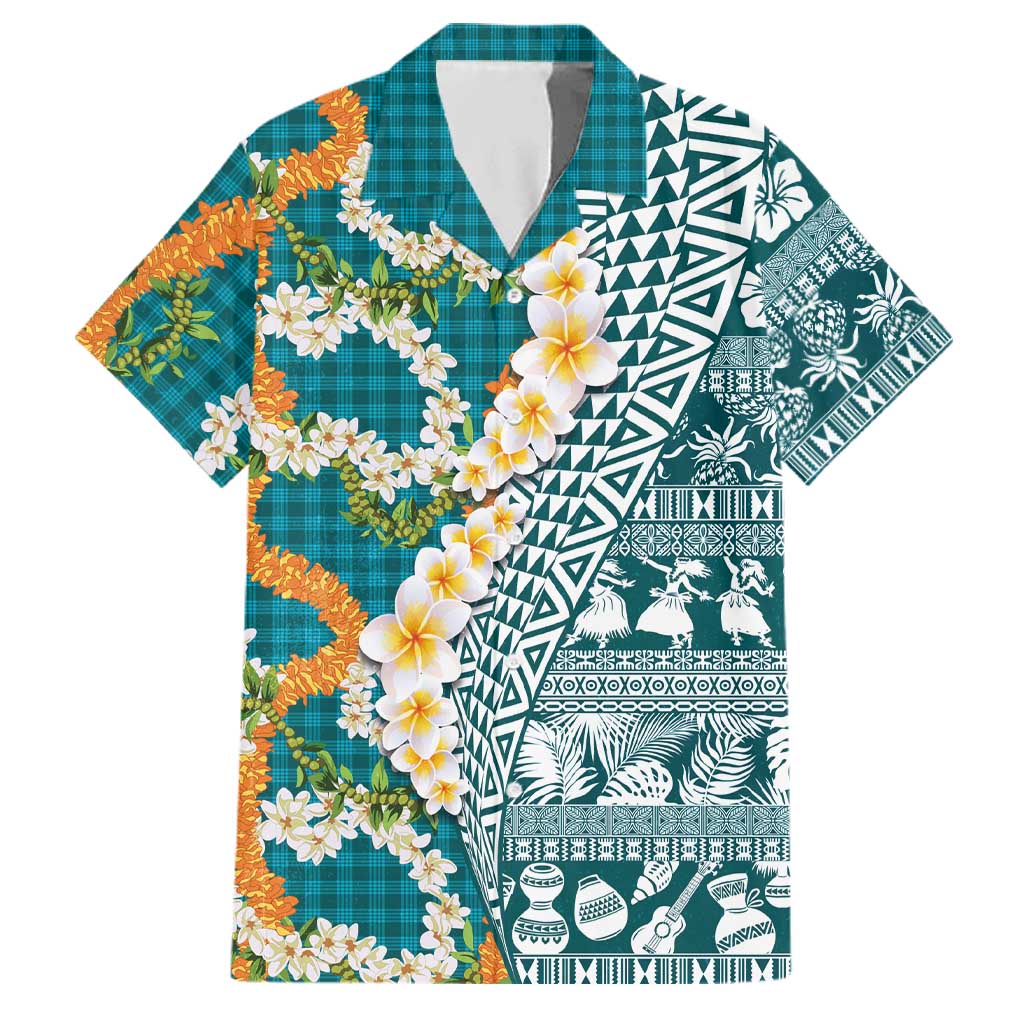 Hawaiian Plumeria Lei Family Matching Puletasi and Hawaiian Shirt Kakau Motifs and Palaka Half Style Turquoise Color LT03 Dad's Shirt - Short Sleeve Turquoise - Polynesian Pride
