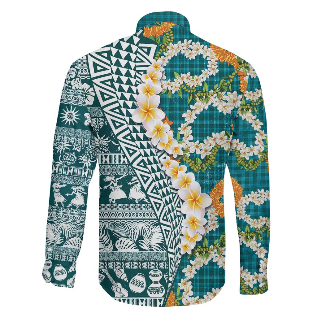 Hawaiian Plumeria Lei Family Matching Puletasi and Hawaiian Shirt Kakau Motifs and Palaka Half Style Turquoise Color LT03 - Polynesian Pride