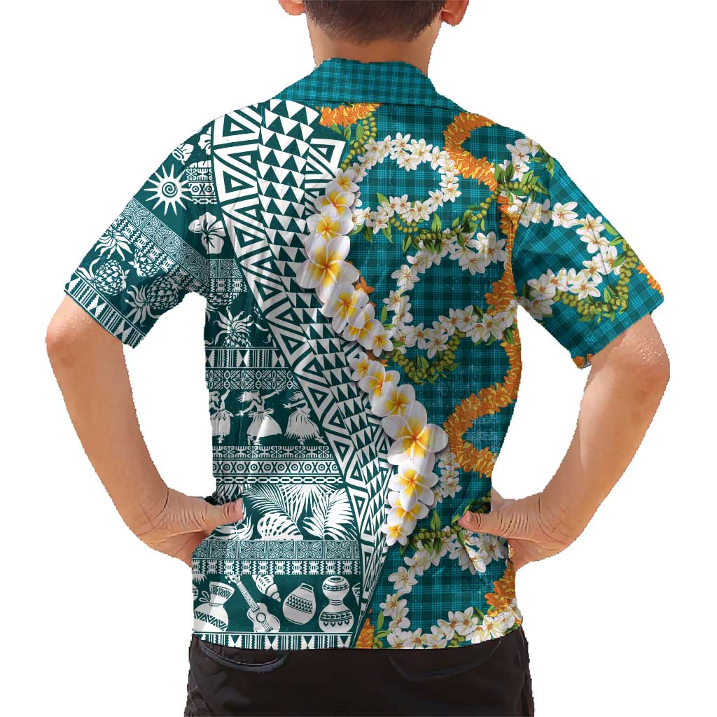 Hawaiian Plumeria Lei Family Matching Summer Maxi Dress and Hawaiian Shirt Kakau Motifs and Palaka Half Style Turquoise Color LT03 - Polynesian Pride