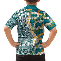 Hawaiian Plumeria Lei Family Matching Summer Maxi Dress and Hawaiian Shirt Kakau Motifs and Palaka Half Style Turquoise Color LT03 - Polynesian Pride