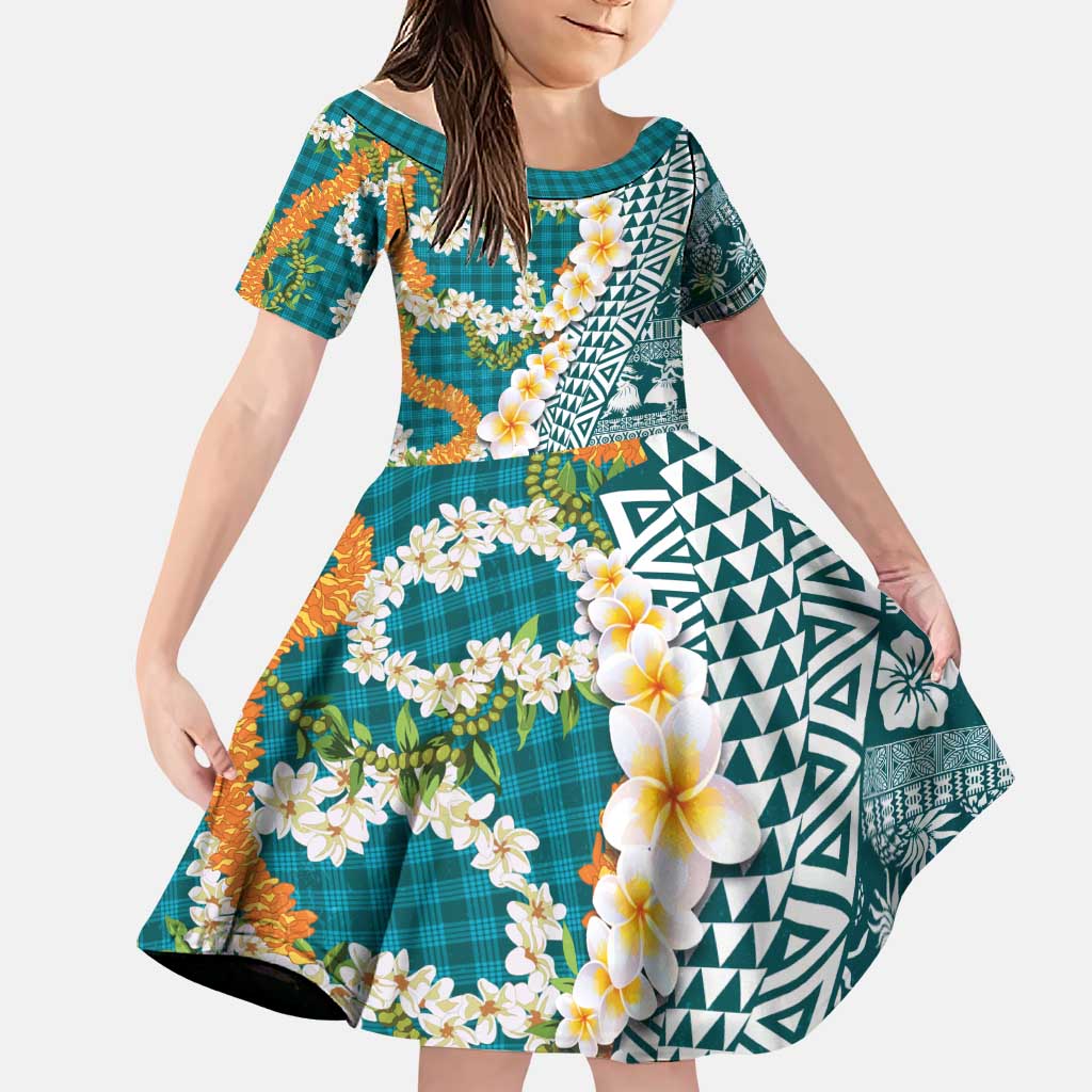 Hawaiian Plumeria Lei Family Matching Summer Maxi Dress and Hawaiian Shirt Kakau Motifs and Palaka Half Style Turquoise Color LT03 Daughter's Dress Turquoise - Polynesian Pride