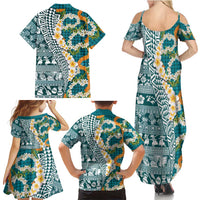 Hawaiian Plumeria Lei Family Matching Summer Maxi Dress and Hawaiian Shirt Kakau Motifs and Palaka Half Style Turquoise Color LT03 - Polynesian Pride