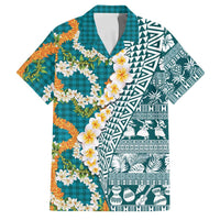 Hawaiian Plumeria Lei Family Matching Summer Maxi Dress and Hawaiian Shirt Kakau Motifs and Palaka Half Style Turquoise Color LT03 Dad's Shirt - Short Sleeve Turquoise - Polynesian Pride