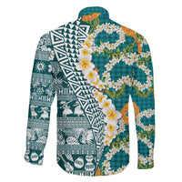 Hawaiian Plumeria Lei Family Matching Summer Maxi Dress and Hawaiian Shirt Kakau Motifs and Palaka Half Style Turquoise Color LT03 - Polynesian Pride