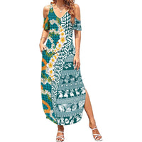 Hawaiian Plumeria Lei Family Matching Summer Maxi Dress and Hawaiian Shirt Kakau Motifs and Palaka Half Style Turquoise Color LT03 Mom's Dress Turquoise - Polynesian Pride