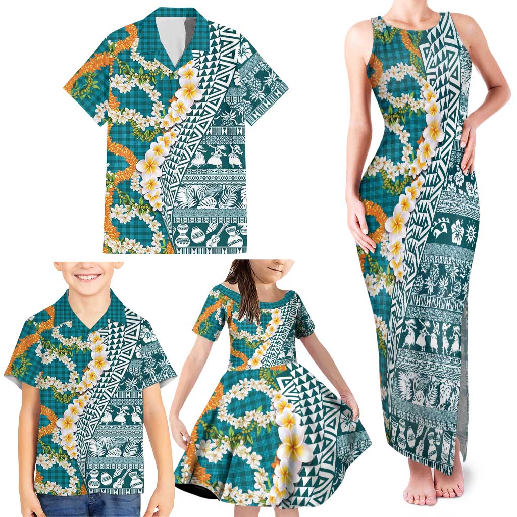 Hawaiian Plumeria Lei Family Matching Tank Maxi Dress and Hawaiian Shirt Kakau Motifs and Palaka Half Style Turquoise Color LT03 - Polynesian Pride