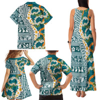 Hawaiian Plumeria Lei Family Matching Tank Maxi Dress and Hawaiian Shirt Kakau Motifs and Palaka Half Style Turquoise Color LT03 - Polynesian Pride