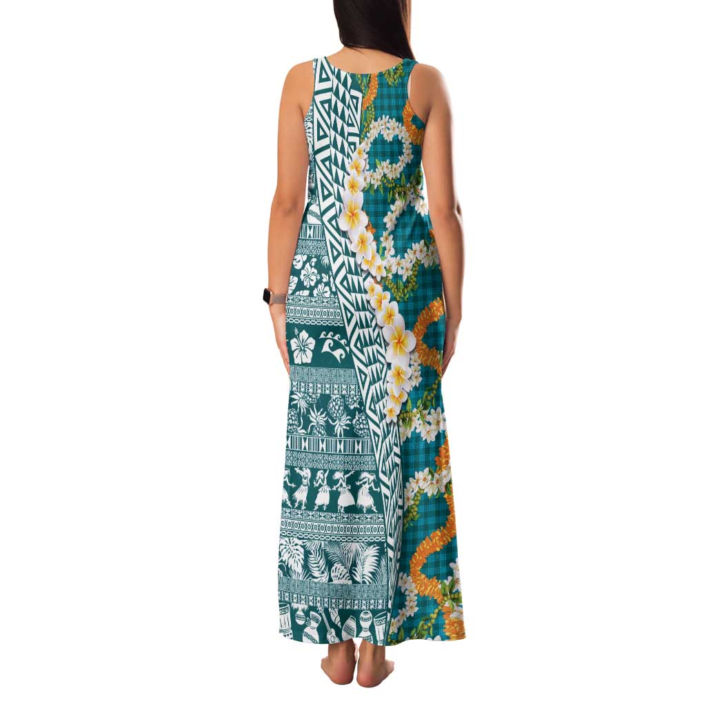 Hawaiian Plumeria Lei Family Matching Tank Maxi Dress and Hawaiian Shirt Kakau Motifs and Palaka Half Style Turquoise Color LT03 - Polynesian Pride